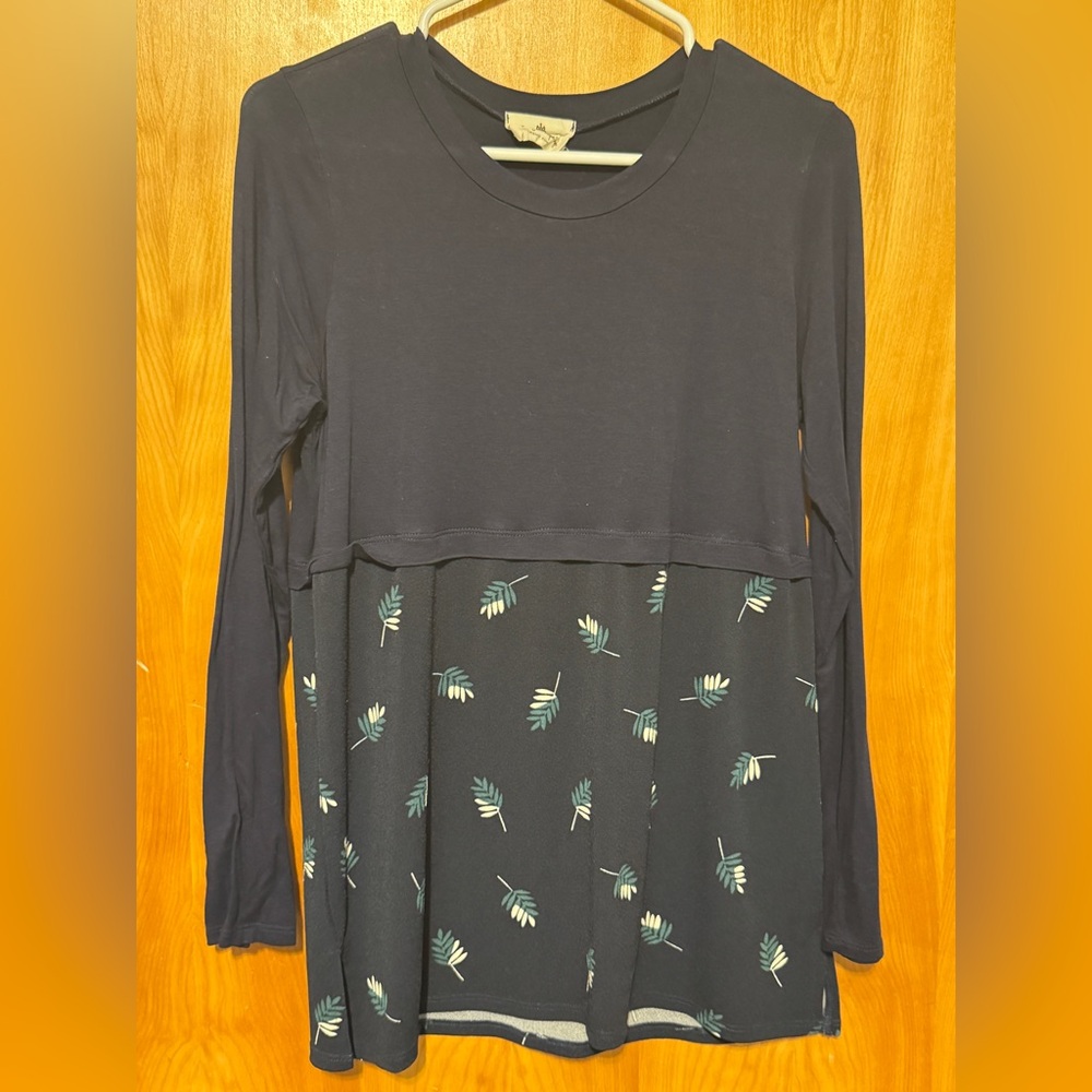 Elegant Navy Blue Leaf Pattern Long Sleeve Top
